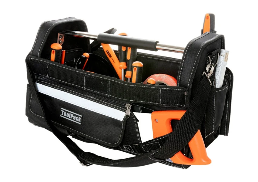 ToolPack Robuuste Gereedschapstas, Metalen Draaghendel, Reflectiestreep, Afneembare Beschermkap, Verstelbare Draagriem 1 ToolPack Robuuste Gereedschapstas, Metalen Draaghendel, Reflectiestreep, Afneembare Beschermkap, Verstelbare Draagriem