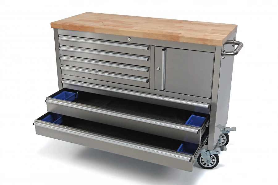 HBM Gereedschapswagen Met Houten Werkblad - 122 Cm - RVS 1 HBM Gereedschapswagen Met Houten Werkblad - 122 Cm - RVS