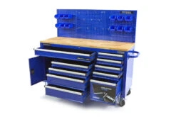 HBM Gereedschapswagen Met Achterwand, Houten Werkblad, 158 Cm, Blauw