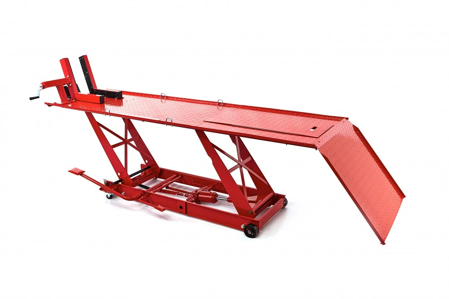 HBM 300 Motorheftafel Hydraulisch Met Luxe Voorwielklem - Rood 2 HBM 300 Motorheftafel Hydraulisch Met Luxe Voorwielklem - Rood - Afbeelding 2