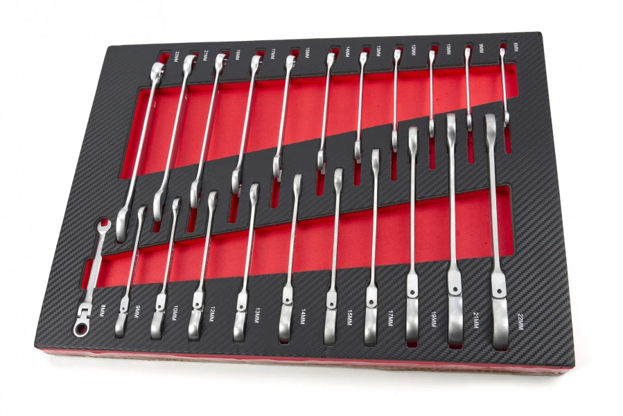 HBM 22 Delige Ring Ratel Steeksleutelset In Carbon Foam Inlay Voor Gereedschapswagen 1 HBM 22 Delige Ring Ratel Steeksleutelset In Carbon Foam Inlay Voor Gereedschapswagen